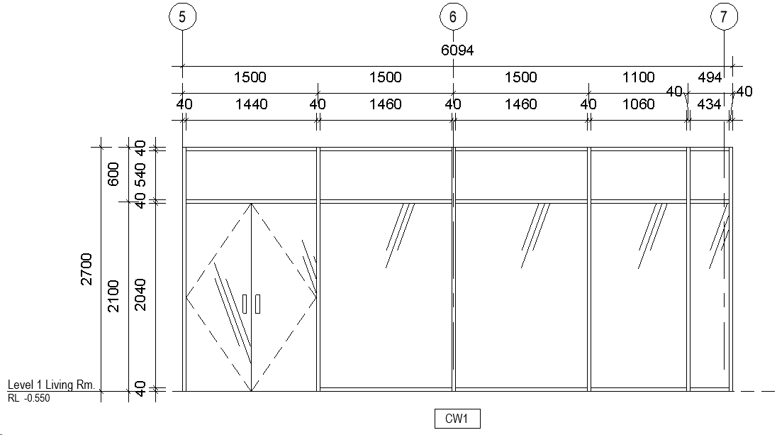A curtain wall elevation between grids 5 and 7, with overall, panel and mullion dimensions across the top and height dimensions down the side.