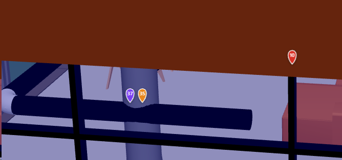 Numbered issue pins 37, 35 and 10 floating over pipework and ducts in the AECOtwin 3D model, each coloured by its status.