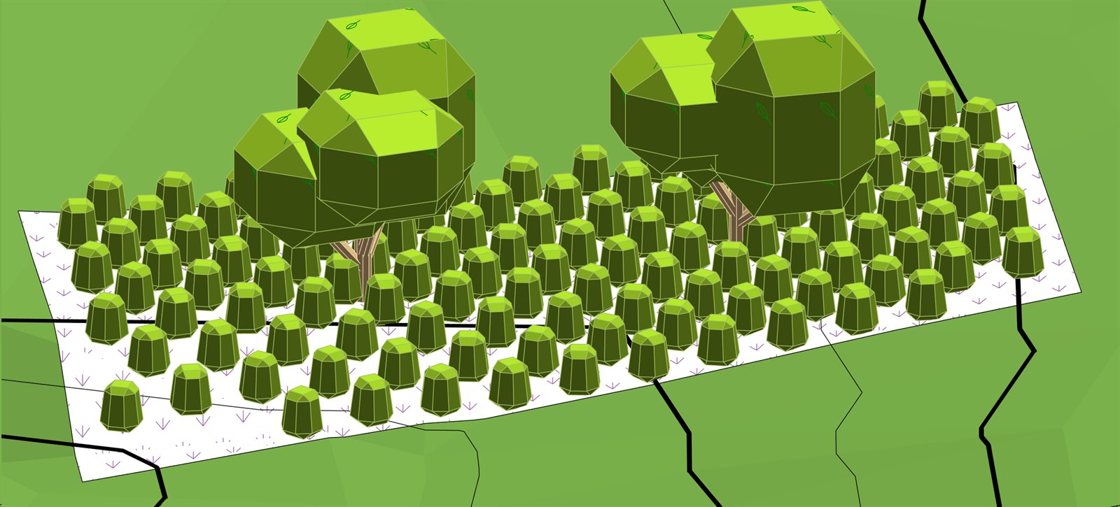 A planting bed in the Revit 3D view: rows of shrubs and two trees placed across a bed on the landscape.