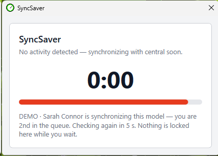 The SyncSaver window telling the user another person is synchronizing the model, they are second in the queue, and nothing is locked while they wait.